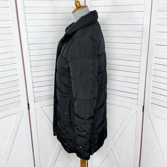 Tommy Hilfiger Quilted Puffer Coat Black XS Long Line Winter Snow - Picture 2 of 14